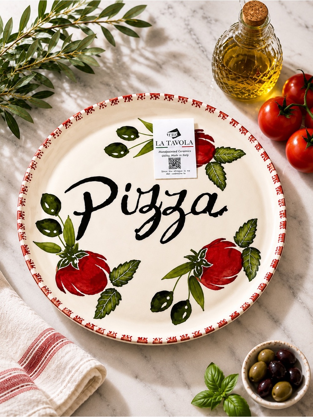 La Tavola Italian Hand Painted Ceramic Pizza Platter 13" Serving Tray‎ NWT